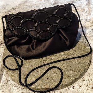 Vintage Black Satin Beaded Scallop Evening Bag